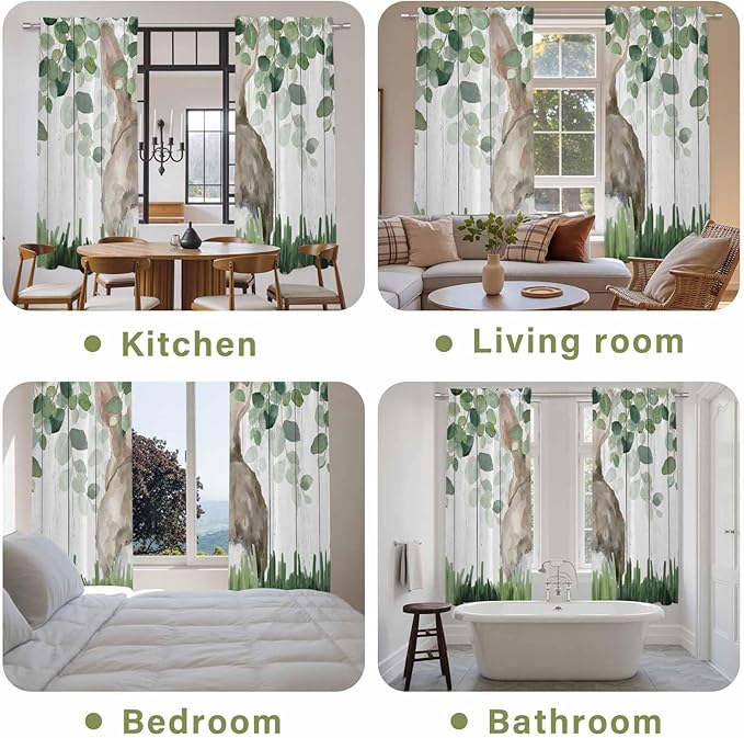 Easter Kitchen Curtains, Country Rabbit Botanical Leaves Wooden Grain Light Filtering Window Curtain Panels, 2Pcs Rod Pocket Window Treatments Set for Living Room Bathroom Bedroom 52x72 Inches