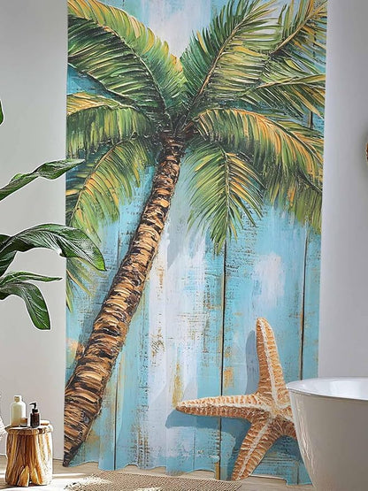 Sheer Curtains 84 Inches Long, Coastal Beach Tree Semi Sheer Curtains Light Filtering Window Treatment, Summer Tropical Starfish Wood Grain Privacy Voile Drapes for Living Room Bedroom 52x84 Inch