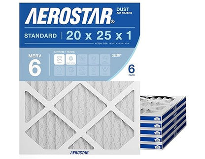 Aerostar 20x25x1 MERV 6 Pleated Air Filter, AC Furnace Air Filter, 6 Pack (Actual Size: 19 3/4"x24 3/4"x3/4")