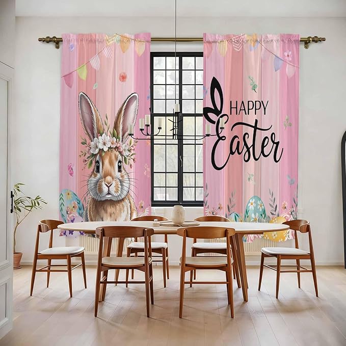 Easter Kitchen Curtains, Spring Rabbit Eggs Flowers Flags Leaves Wood Grain Light Filtering Window Curtain Panels, 2Pcs Rod Pocket Window Treatments Set for Living Room Bathroom Bedroom 52x72 Inches