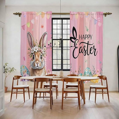Easter Kitchen Curtains, Spring Rabbit Eggs Flowers Flags Leaves Wood Grain Light Filtering Window Curtain Panels, 2Pcs Rod Pocket Window Treatments Set for Living Room Bathroom Bedroom 52x72 Inches