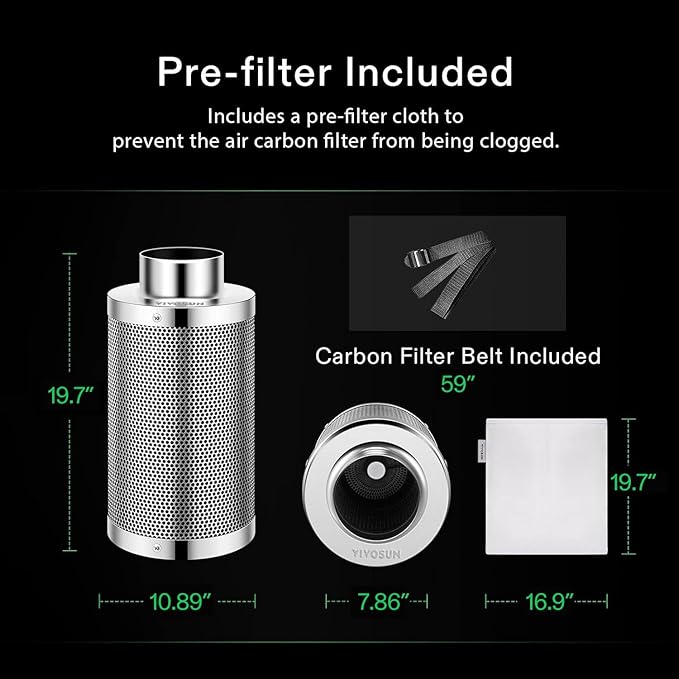 VIVOSUN 8 Inch Air Carbon Filter Smelliness Control with Australia Virgin Charcoal for Inline Duct Fan, Grow Tent,Pre-Filter Included, Reversible Flange 8"x 20"