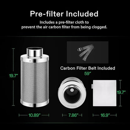 VIVOSUN 8 Inch Air Carbon Filter Smelliness Control with Australia Virgin Charcoal for Inline Duct Fan, Grow Tent,Pre-Filter Included, Reversible Flange 8"x 20"