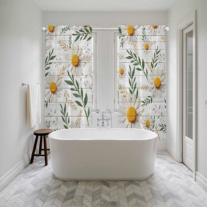 Spring Daisy Kitchen Curtains, Farmhouse Country Flower Leaf Plant Wood Grain Light Filtering Window Curtain Panels, 2Pcs Rod Pocket Window Treatments Set for Living Room Bathroom Bedroom 52x72 Inches