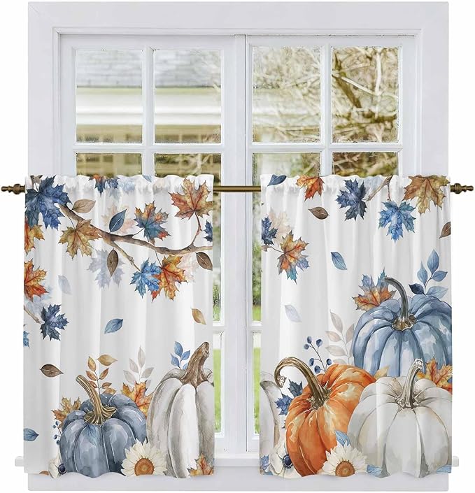Navy Blue Pumpkin Fall Kitchen Curtains 45 Inch Long 2 Panel Set,Rod Pocket Window Treatment,Thanksgiving Maple Leaves Branches Light Filtering Short Curtains & Drapes for Bathroom Laundry 52"W x 45"L