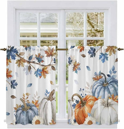 Navy Blue Pumpkin Fall Kitchen Curtains 45 Inch Long 2 Panel Set,Rod Pocket Window Treatment,Thanksgiving Maple Leaves Branches Light Filtering Short Curtains & Drapes for Bathroom Laundry 52"W x 45"L