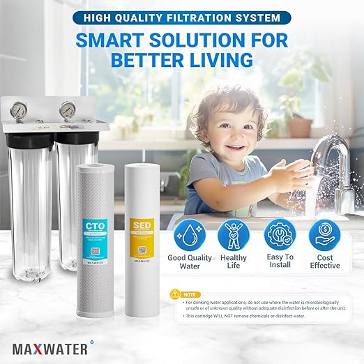 20" x 4.5" 2 Stage Whole House Water Filter System, 1" NPFT Port 2 Clear Housing 2 Pressure Gauge 5 Micron Sediment Water Filter, CTO Filter, Ball Valve, Fitting & Wrench CB2-SED-CAB20-BB, WGB22B