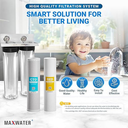 20" x 4.5" 2 Stage Whole House Water Filter System, 1" NPFT Port 2 Clear Housing 2 Pressure Gauge 5 Micron Sediment Water Filter, CTO Filter, Ball Valve, Fitting & Wrench CB2-SED-CAB20-BB, WGB22B