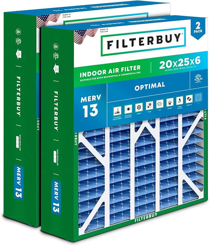 Filterbuy 20x25x6 Air Filter MERV 13 Optimal Smoke & Allergy Defense (2-Pack), Pleated HVAC AC Furnace Filters for AprilAire Space-Gard 201, 2200, 2250, & Lennox (Actual Size: 19.75 x 24.25 x 6.00)