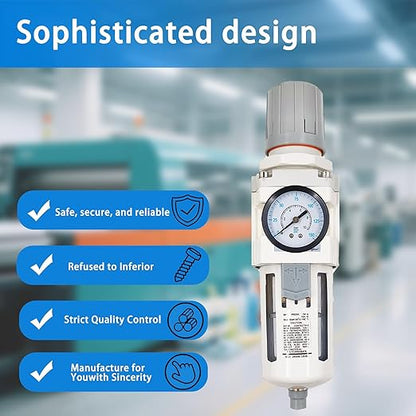 XingNEeng 3/8" NPT Compressed Air Filter Regulator Combo Piggyback, Water/Oil Trap Separator with Pressure Gauge(0-150 psi), Semi-Auto Drain, Poly Bowl, 5 Micron Brass Element, Metal Bracket