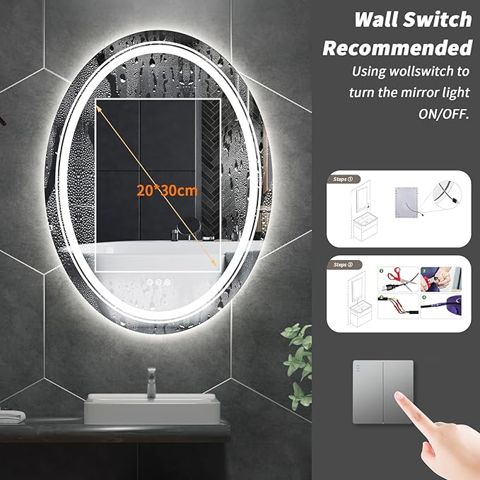 LUVODI Lighted LED Bathroom Mirror: 28”x20” Oval Wall Mounted Makeup Mirror with Backlit and Front Light - Modern Dimmable Smart Mirror Anti Fog with Touch Switch Sensor for Restroom Bedroom