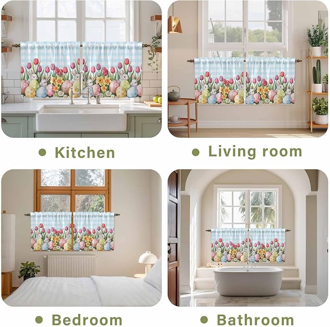 Easter Kitchen Tier Curtains 24 Inch Long 2 Panel Set,Rod Pocket Cafe Small Window Curtains Over Sink,Spring Bunny Colorful Eggs Tulip Flowers Blue Check Light Filtering Short Drapes 27.5"W x 24"L