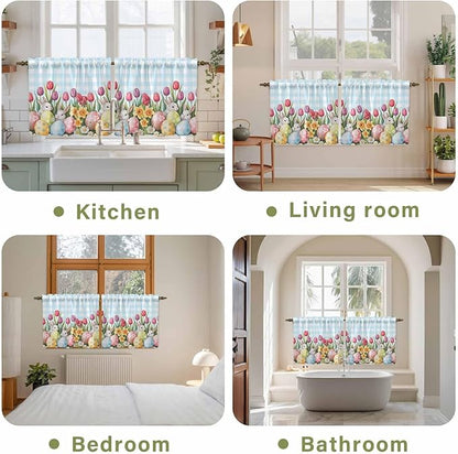 Easter Kitchen Tier Curtains 36 Inch Long 2 Panel Set,Rod Pocket Half Window Curtains Over Sink,Spring Bunny Colorful Eggs Tulip Flowers Blue Check Light Filtering Short Drapes Cafe 27.5"W x 36"L