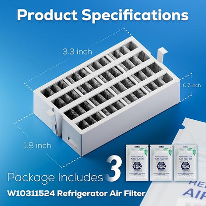 W10311524 AIR1 Refrigerator Air Filter Cartridge Replacement for Whirlpool Kenmore Refrigerator Compatible with Fresh Flow Refrigerator Air Filter, 3 Pack, White