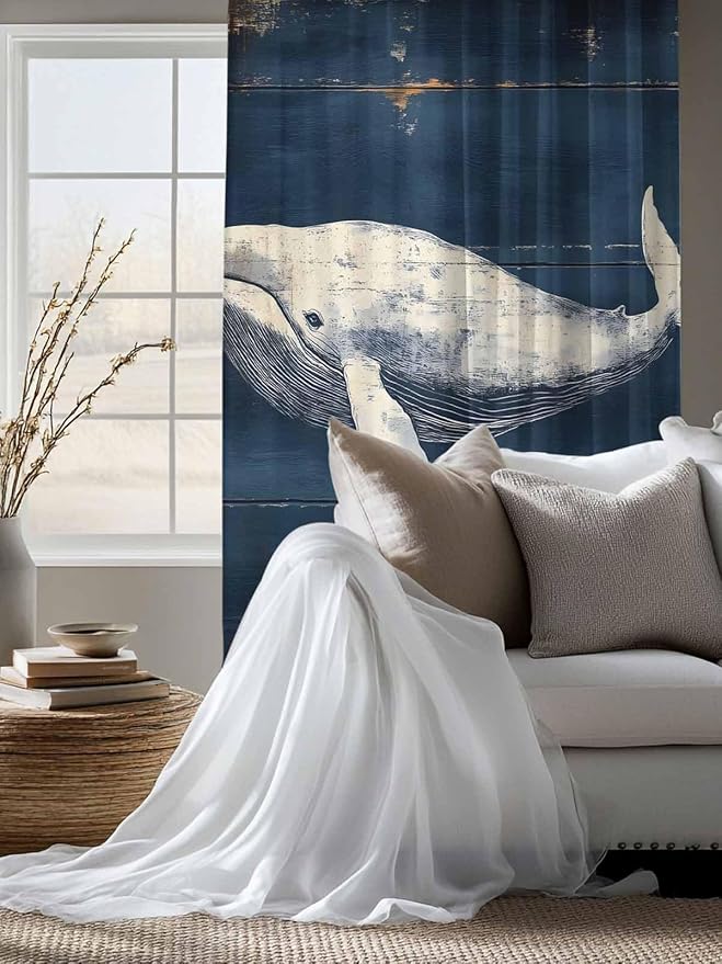 Sheer Curtains 72 Inches Long, Ocean Vintage Whale Semi Sheer Curtains Light Filtering Window Treatment, Summer Retro Wood Grain Privacy Voile Drapes for Living Room Bedroom 52x72 Inch