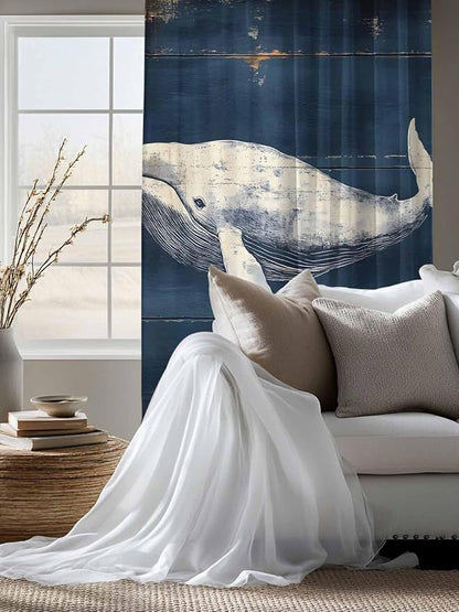 Sheer Curtains 72 Inches Long, Ocean Vintage Whale Semi Sheer Curtains Light Filtering Window Treatment, Summer Retro Wood Grain Privacy Voile Drapes for Living Room Bedroom 52x72 Inch