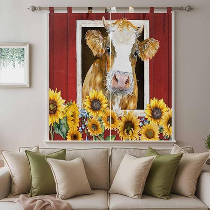Cows Sunflowers Bathroom Curtains 63 Inch Length, Window Curtains Tab Top, Spring Floral Bees Farmhouse Barn Light Filtering Window Treatments Drapes 52"x63" 2 Panel