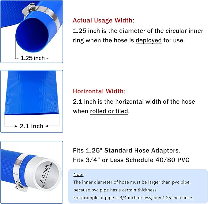 DAVCO 1.25" x 100 ft Pool Backwash Hose, Heavy Duty Reinforced Blue PVC Lay Flat Water Discharge Pump Hoses For Swimming Drain Pools and Clean Filters,with 1 Clamp