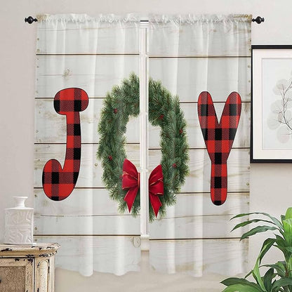 Christmas Wreaths Window Curtains 72 Inch Long 2 Panel Set,Rod Pocket Long Curtains & Drapes,Winter Bow Plaid Farmhouse Wooden Grain Window Treatment for Bedroom Living Room 52"W x 72"L