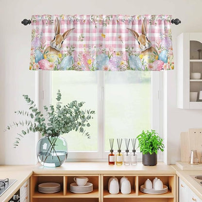 Kitchen Curtains Tiers and Valance Set of 3, Easter Light Filtering Window Curtain Set, Spring Rabbit Eggs Nature Botanicals Pink Plaid Rod Pocket Curtain Drapes for Cafe, Living Room, 24 Inches Tiers