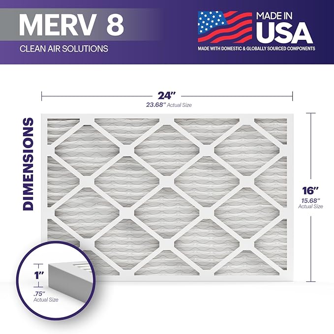 BNX TruFilter 16x24x1 Air Filter MERV 8 (12-Pack) - MADE IN USA – Dust & Pet Defense Pleated Air Conditioner HVAC AC Furnace Filters for Dust, Pet, Mold, Pollen MPR 600 – 700 & FPR 5