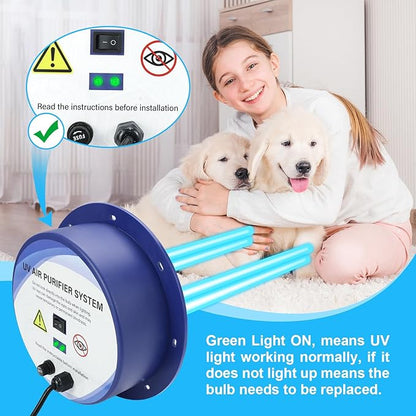 HVAC UVC Light Air Purifier 72W System with Energy Saving Airflow Sensor and 2 16-inch Bulbs for HVAC Systems in Homes, Offices, Schools, etc