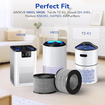 Fil-fresh 2-Pack MK01 & MK06 Replacement Filter, Compatible with AROEVE MK01 & MK06, ToLife TZ-K1, Kloudi DH-JH01 Air Purifier, 4-in-1 H13 True HEPA & Activated Carbon, Smoke Removal Version