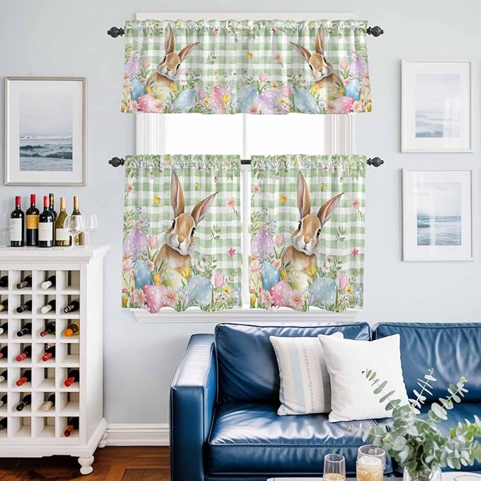 Kitchen Curtains Tiers and Valance Set of 3, Easter Light Filtering Window Curtain Set, Spring Bunny Colorful Eggs Floral Leaves Grey Plaid Rod Pocket Curtain Drapes for Living Room, 24 Inches Tiers