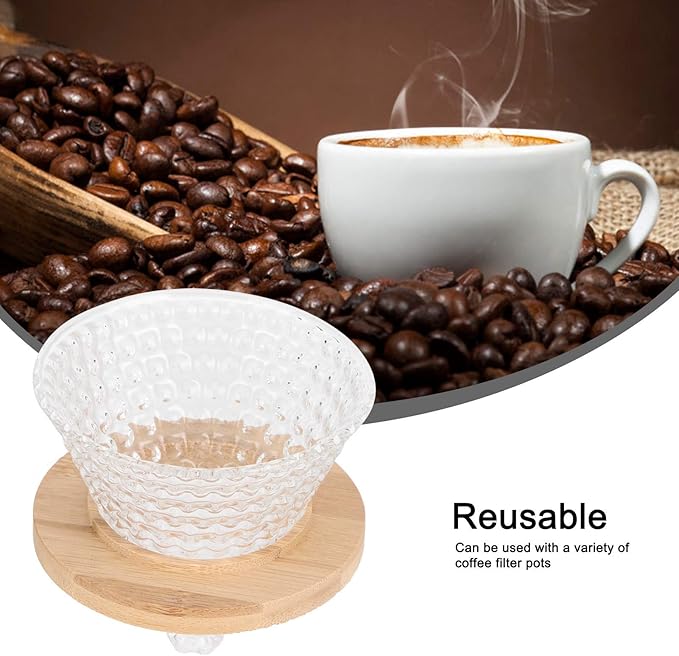 AUNMAS Glass Coffee Dripper Pour Over, Reusable Paperless Filter Funnel with Wood Base, Single Cup Coffee Maker Brewer Accessories (Transparent)