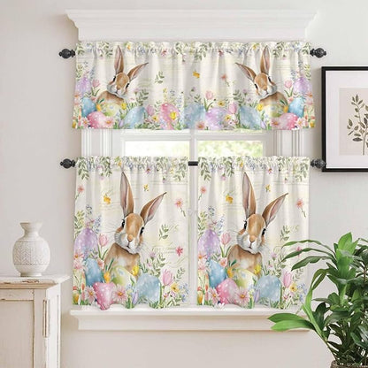Kitchen Curtains Tiers and Valance Set of 3, Easter Light Filtering Window Curtain Set, Pastoral Spring Bunny Eggs Botanical Flowers Leaf Rod Pocket Curtain Drapes for Living Room, 36 Inches Tiers