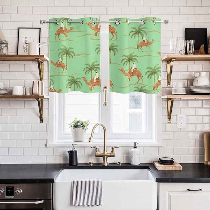 2 Panel Kitchen Cafe Curtains, Desert Camels Sunlight Filtering Nature Air Through, Home Decor Window Covering Tier Curtains for Living Room 55W x 39L inch Tropical Date Palm Trees Animal Green