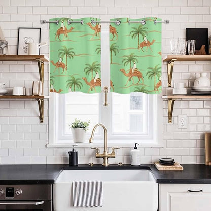2 Panel Kitchen Cafe Curtains, Desert Camels Sunlight Filtering Nature Air Through, Home Decor Window Covering Tier Curtains for Living Room 55W x 39L inch Tropical Date Palm Trees Animal Green