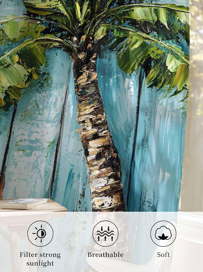 Sheer Curtains 96 Inches Long, Coastal Beach Starfish Semi Sheer Curtains Light Filtering Window Treatment, Blue Green Tropical Palm Tree Wood Grain Privacy Voile Drapes for Living Room 52x96 Inch
