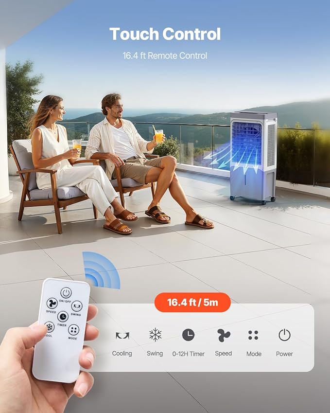 VEVOR Evaporative Air Cooler & Swamp Cooler, 1800 CFM Air Conditioner with 6.8 Gallon Water Reservoir, Remote Control, 12H Timer, 4 Ice Containers, 3 Fan Speeds, Air Humidifier, and Silent Operation