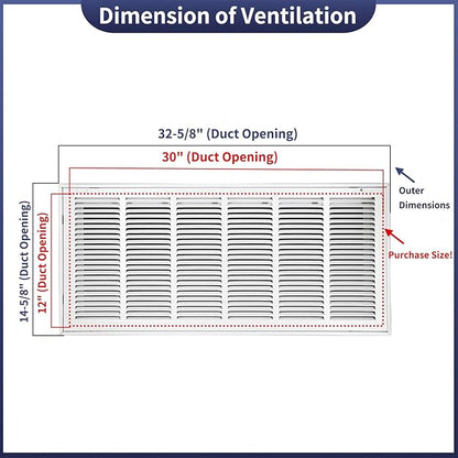 30"W x 12"H [Duct Opening Size] Steel Return Air Filter Grille - Removable Face/Door for 1 inch Filters -HVAC Vent Cover Grill - White [Outer Dimensions: 32 5/8"W X 14 5/8"H]