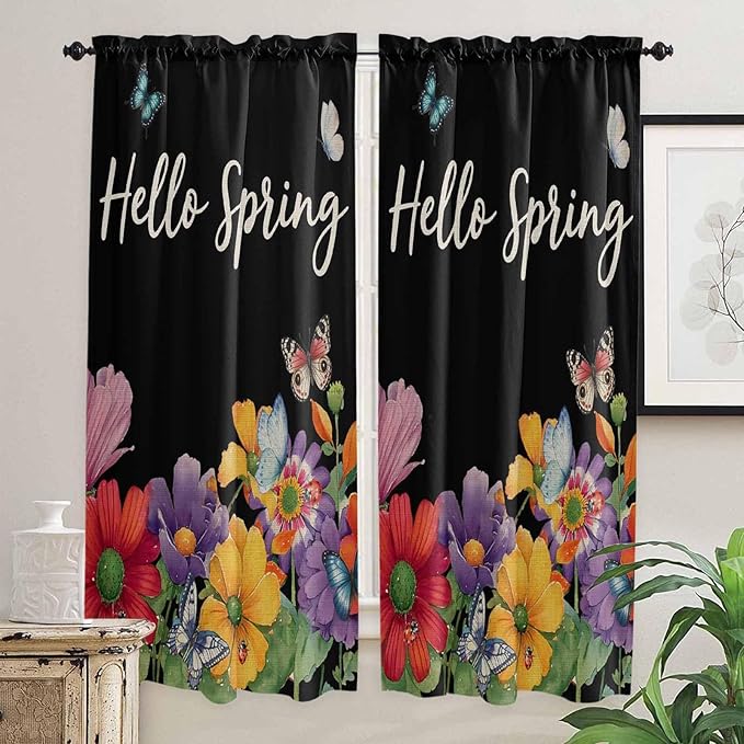 Spring Flowers Living Room Curtains 72 Inches length, Watercolor Country Colorful Floral Black Window Treatment Curtain Drapes, Light Filtering Drapes for Bedroom Laundry Room, 52"x72", 2 Panels