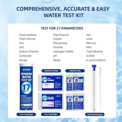 21 in 1 Accurate Drinking Water Testing Kits, 145 Strips + 4 Bacteria Tests, Well and Tap Water Test Kit, Home Test Strips for Lead, Fluoride, Chlorine, Hardness, pH, Iron, Copper, and More
