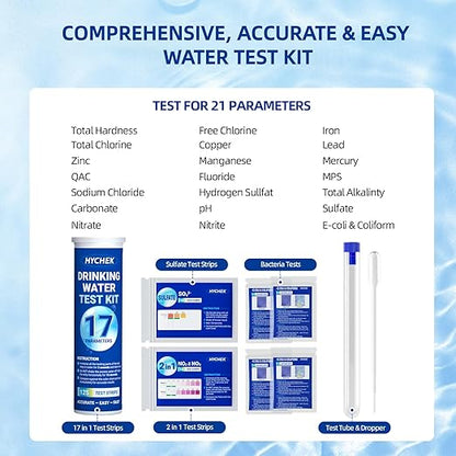 21 in 1 Accurate Drinking Water Testing Kits, 145 Strips + 4 Bacteria Tests, Well and Tap Water Test Kit, Home Test Strips for Lead, Fluoride, Chlorine, Hardness, pH, Iron, Copper, and More