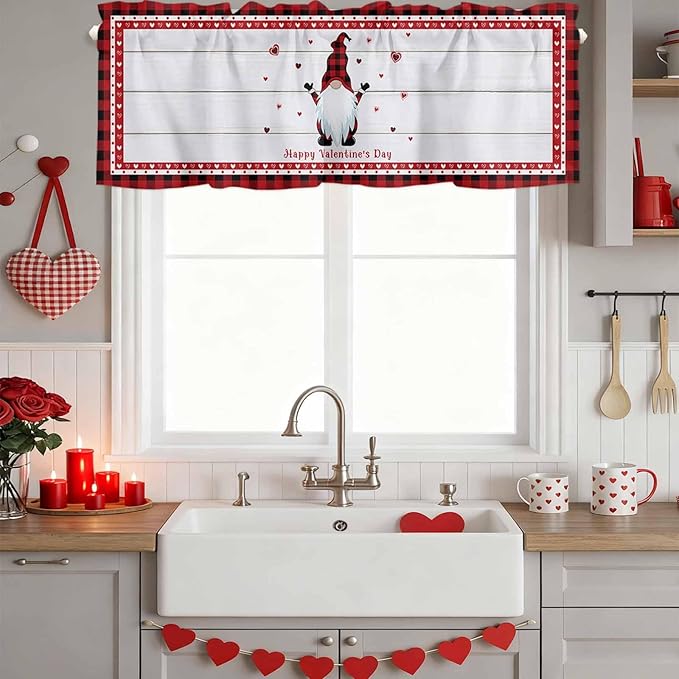 Valentine's Day Valance Curtains for Kitchen, Gnome Red Love Plaid Wood Grain Privacy Rod Pocket Valance Curtain, Light-Filtering Window Treatment for Bedroom Bathroom, 60"x18"