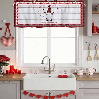 Valentine's Day Valance Curtains for Kitchen, Gnome Red Love Plaid Wood Grain Privacy Rod Pocket Valance Curtain, Light-Filtering Window Treatment for Bedroom Bathroom, 54"x18"