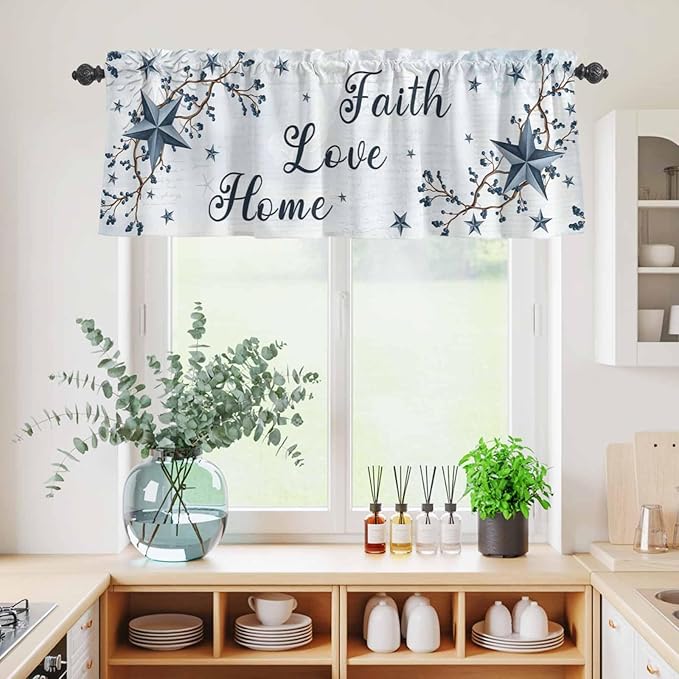 Kitchen Curtains Tiers and Valance Set of 3, Texas Star Country Light Filtering Window Curtain Set, Blue Farmhouse Branches Rod Pocket Curtain Drapes for Cafe, Living Room, 36 Inches Tiers
