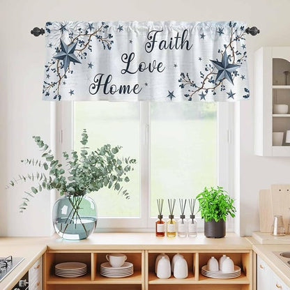 Kitchen Curtains Tiers and Valance Set of 3, Texas Star Country Light Filtering Window Curtain Set, Blue Farmhouse Branches Rod Pocket Curtain Drapes for Cafe, Living Room, 36 Inches Tiers