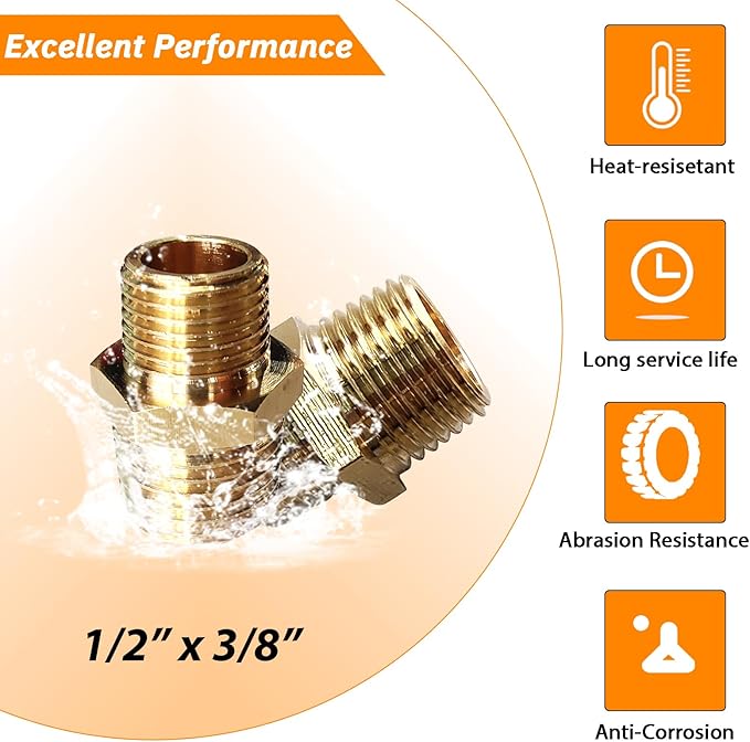 2pcs 1/2" NPT x 3/8" NPT Brass Nipple, 1/2 to 3/8 Adapter Fitting Reducing Solid Hex Nipple, Brass 1/2 Male to 3/8 Male Reducer Pipe Fittings for Extending and Connecting Pipes