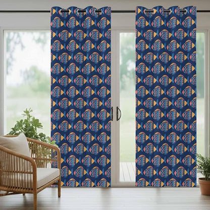 Fish Outdoor Curtains for Patio Vintage National Wind Fish Blue Waterproof Outside Curtains with Grommet Top Weatherproof Curtain for Cabana Pergola Gazebo, 2 Pack, 54" W x 84" L