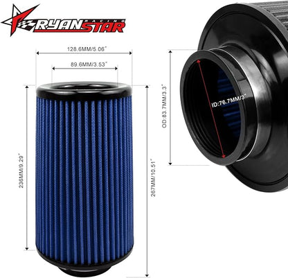 RYANSTAR RACING 76mm 3" High Flow Round Tapered Cone Cool Air Filter Cleaner with Top Filter Design Long 270mm tall Blue