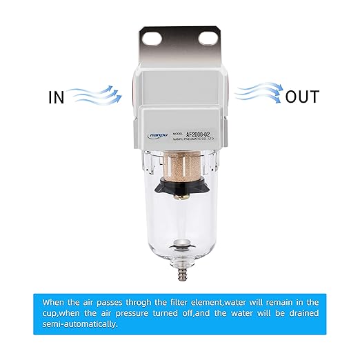 NANPU 1/4" NPT Compressed Air Line Filter, 5 Micron Brass Element, Bracket, Poly Bowl, 145 psi