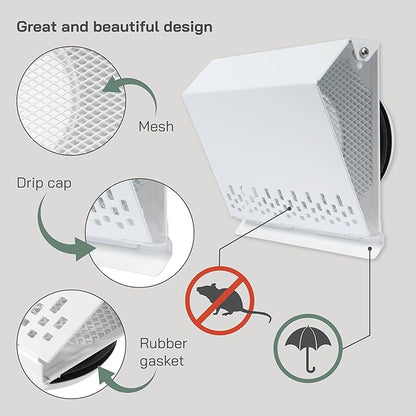 Vent Systems 4" Inch Air Supply Vent Cover with Rubber Gasket - White Galvanized Steel - Robust Weatherproof Outdoor Air Intake Box - Duct or Surface Mounting - Rain and Snow Protection