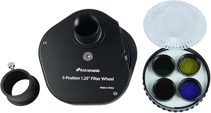 Astromania 1.25" Multiple 5-Position Filter Wheel for Telescope - with 1.25-Inch Four Color Filters(#15 Deep Yellow, #25 Red, #58A Green and #80A Medium Blue)