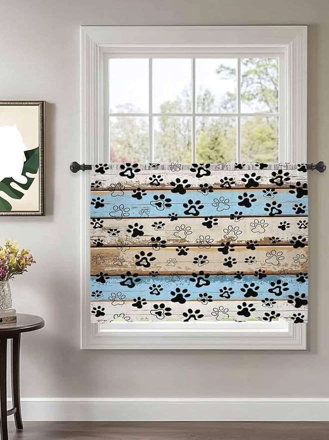 Sheer Curtains 45 Inch Length, Blue Brown Paw Prints Semi Sheer Curtains Light Filtering Window Treatment, Vintage Farmhouse Rustic Wooden Grain Privacy Voile Drapes for Living Room Bedroom 52x45 Inch