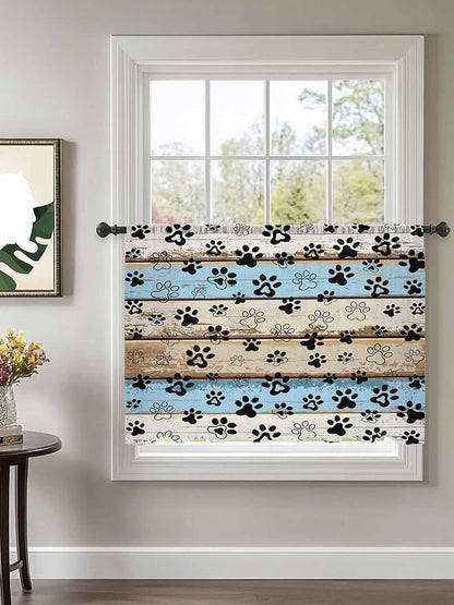 Sheer Curtains 45 Inch Length, Blue Brown Paw Prints Semi Sheer Curtains Light Filtering Window Treatment, Vintage Farmhouse Rustic Wooden Grain Privacy Voile Drapes for Living Room Bedroom 52x45 Inch